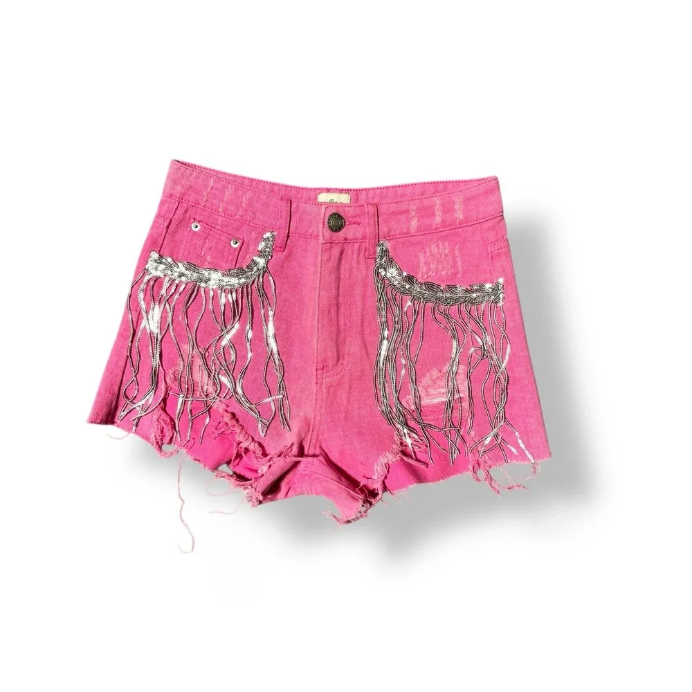 Blue Buttercup Hot Pink‎ Fringe Frayed Denim Shorts Rhinestone Sequin Small NWT
